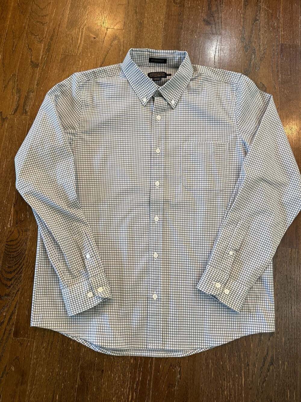 Pendleton Evergreen Fitted L Blue/White Plaid Gingham Virgin Wool Spandex Shirt